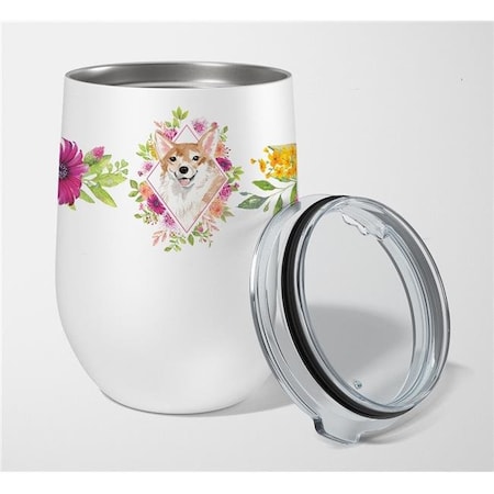 Carolines Treasures Carolines Treasures CK4243TBL12 12 oz Corgi Pink Flowers Stainless Steel Stemless Wine Glass CK4243TBL12